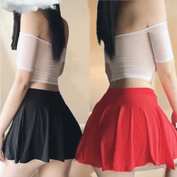 FREEAUCE Low Waist A-Line Pleated Skirt for Woman Sexy Transparent Mini Short Skirt Black White NightClub Wear Party Mini Skirts