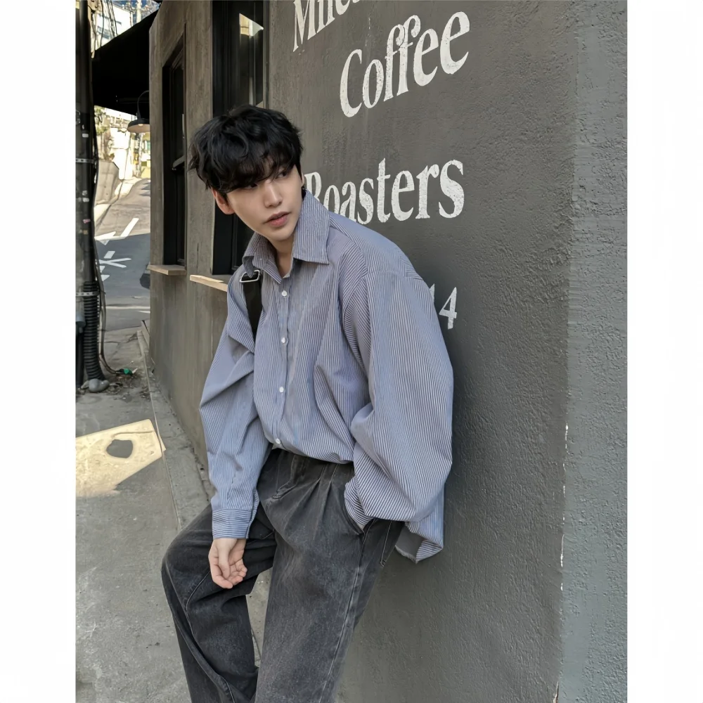 Oversized Men's Autumn Loose Japanese Style Black Striped Casual Shirt, Long Sleeve Shirt Korean Style Fashion Lapel Top Unisex