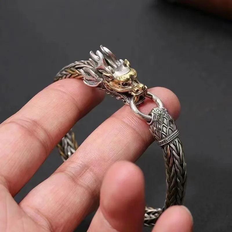 Domineering Dragon Bangle For Men Jewelry Ethnic Style Retro Male Bangle Gold Silver Collision Chain Bracelet Gift For Boyfriend