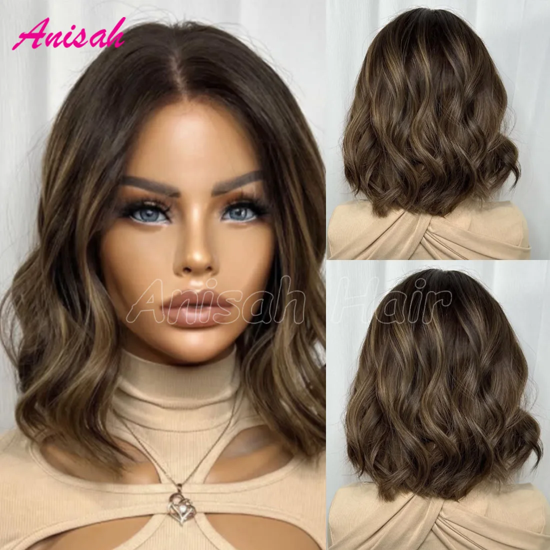 

Short Bob Human Hair Wavy Blonde Lace Front Wigs Pre Plucked Brazilian Brown Highlight 5x5 Glueless Lace Closure Short BOB Wigs