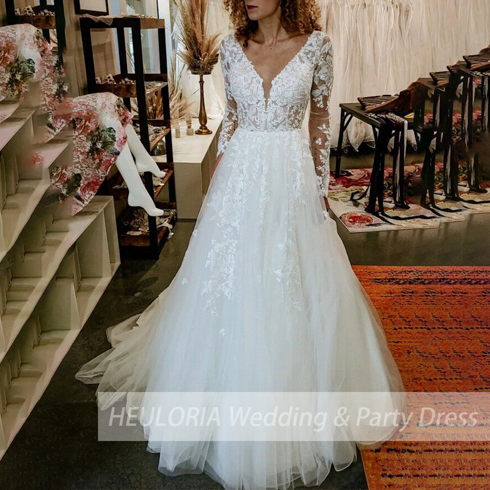 

elegant V neck long sleeve wedding dress A line lace applique bridal dress Robe De Mariee Wedding Bride Dress