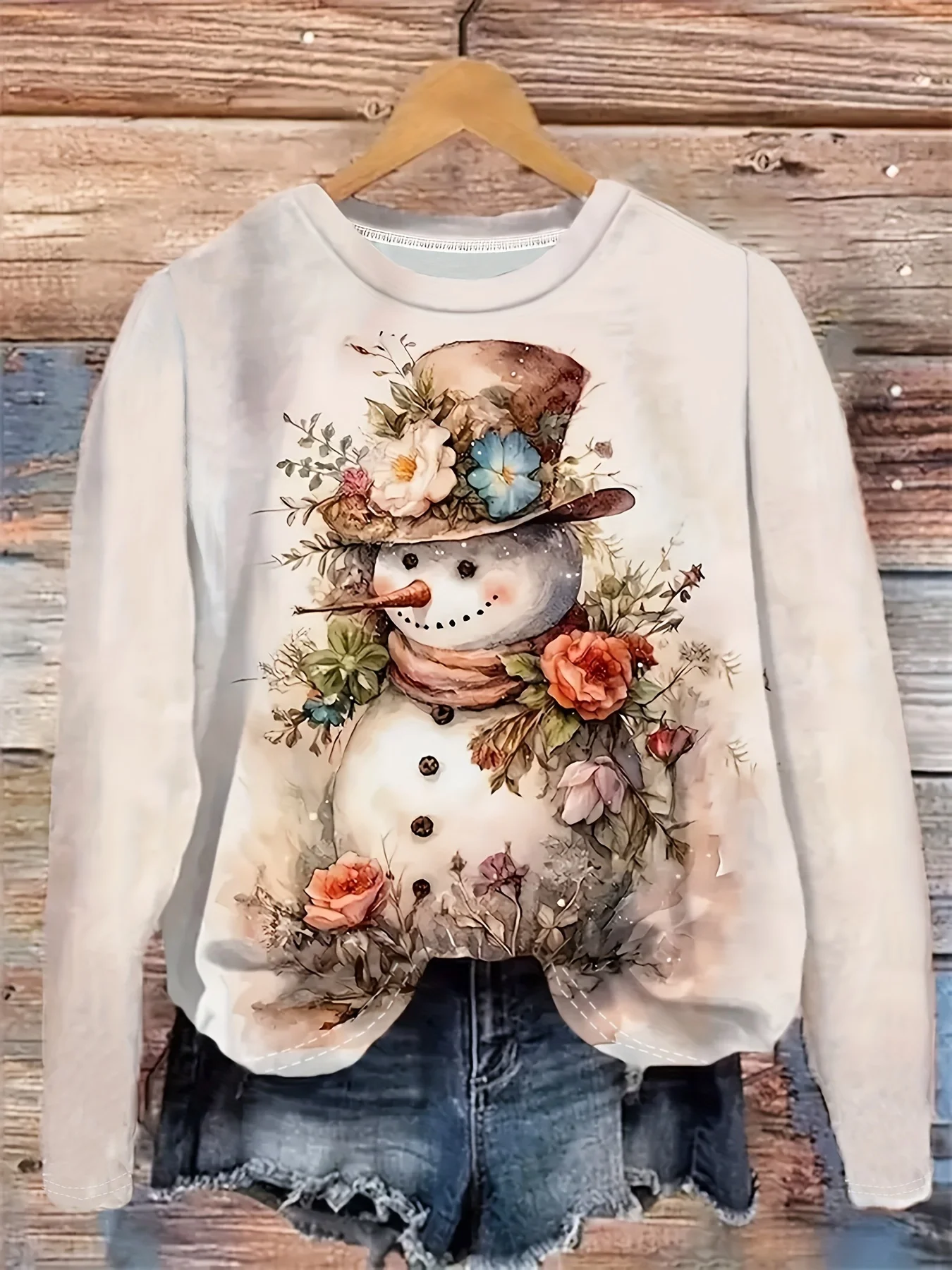 Women's Watercolor Snowman Print Sweatshirt Cream Beige Floral Top Hat Long Sleeve Crew Neck Casual Pullover Winter
