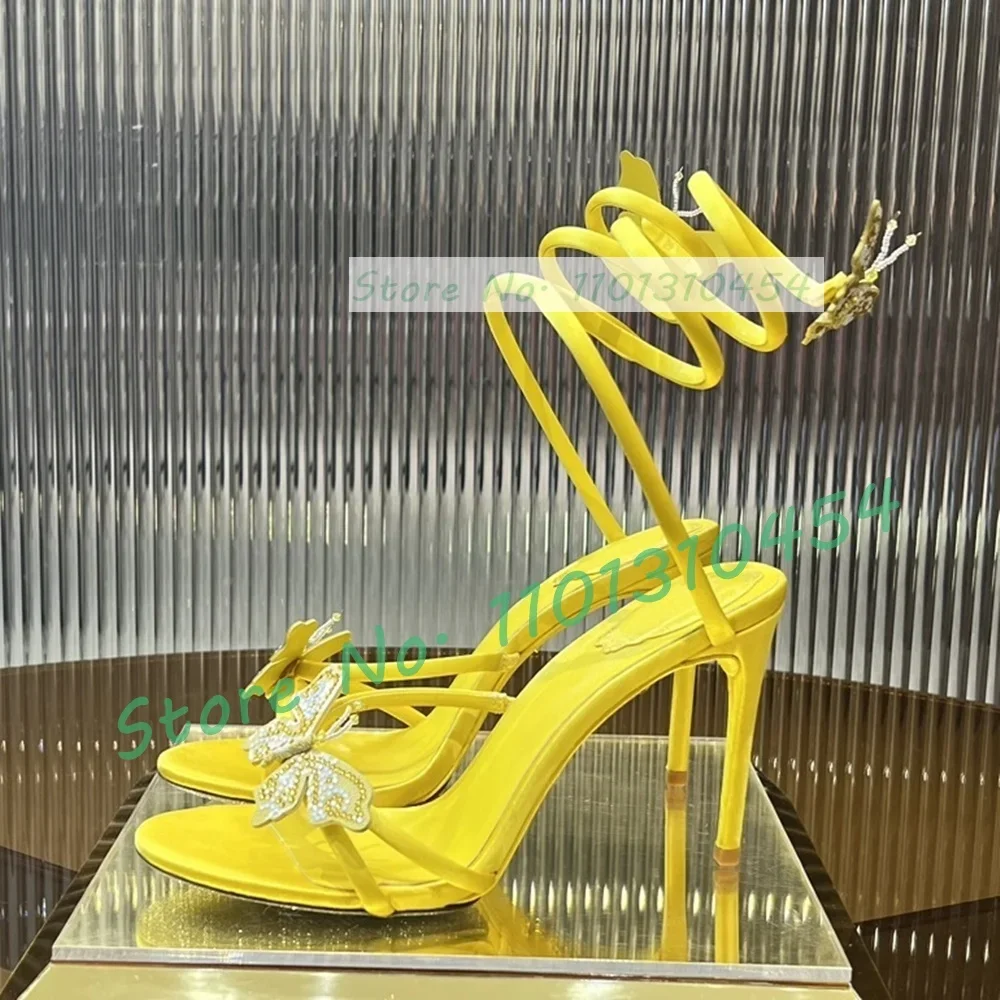 Yellow Butterfly Snake Wrap Sandals Women Gorgeous Trendy Open Toe Crystal Stiletto High Heels Sandals Luxury Cow Leather Shoes