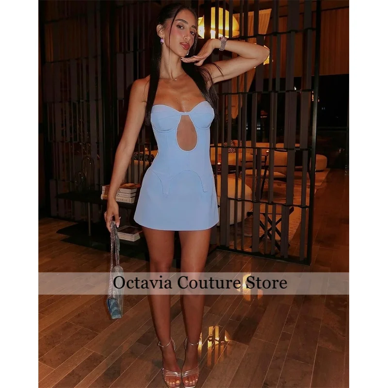 Céu curto azul vestidos de cocktail cetim sem mangas acima do joelho oco para fora vestidos de festa clube vestidos de formatura personalizado