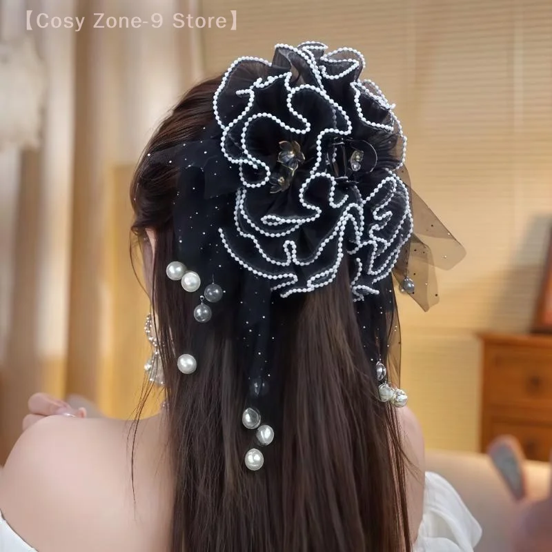 

Mesh Flower Hair Claw Imitation Pearl Tassels Hair Clip High-end Versatile Ponytail Hairpin For Women Hair Accessories