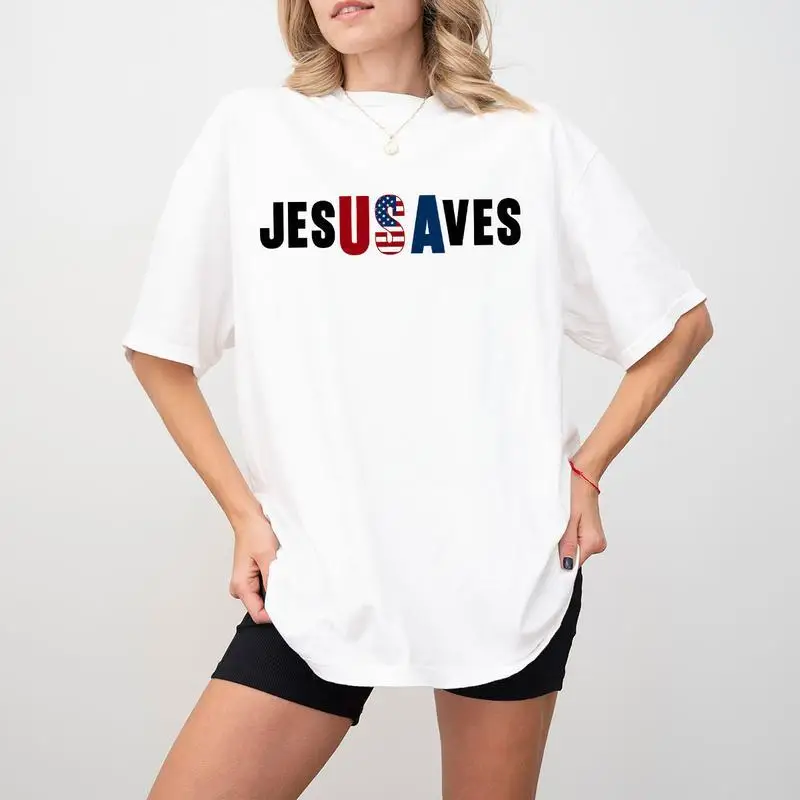 

Women's Christian Patriotic T-Shirt | "Jesus Saves USA" Faith Graphic Tee | 4th of July Religious Gift Top