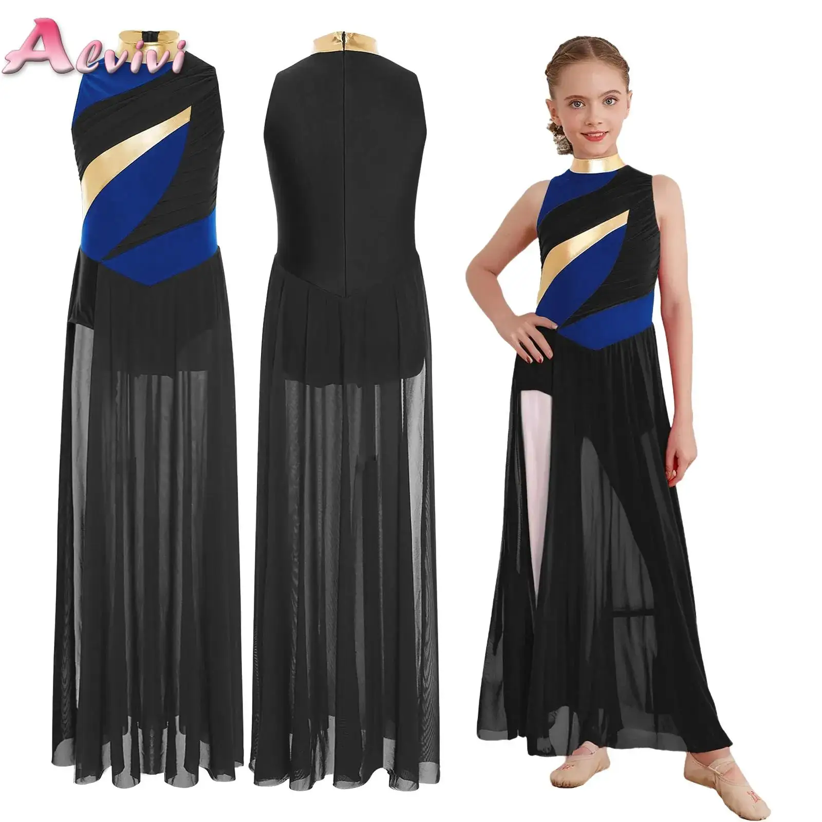 

Kids Girls Lyrical Modern Contemporary Dance Dress Side Split Ballet Gymnastics Leotard for Figure Skating Dancewear Performance