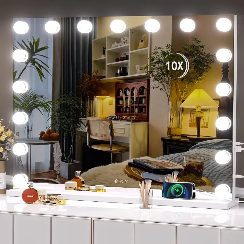 Vanity Mirror with Lights,   10X Magnification, 3 Colors Modes, Touch Control, USB Charging Port, Type-C