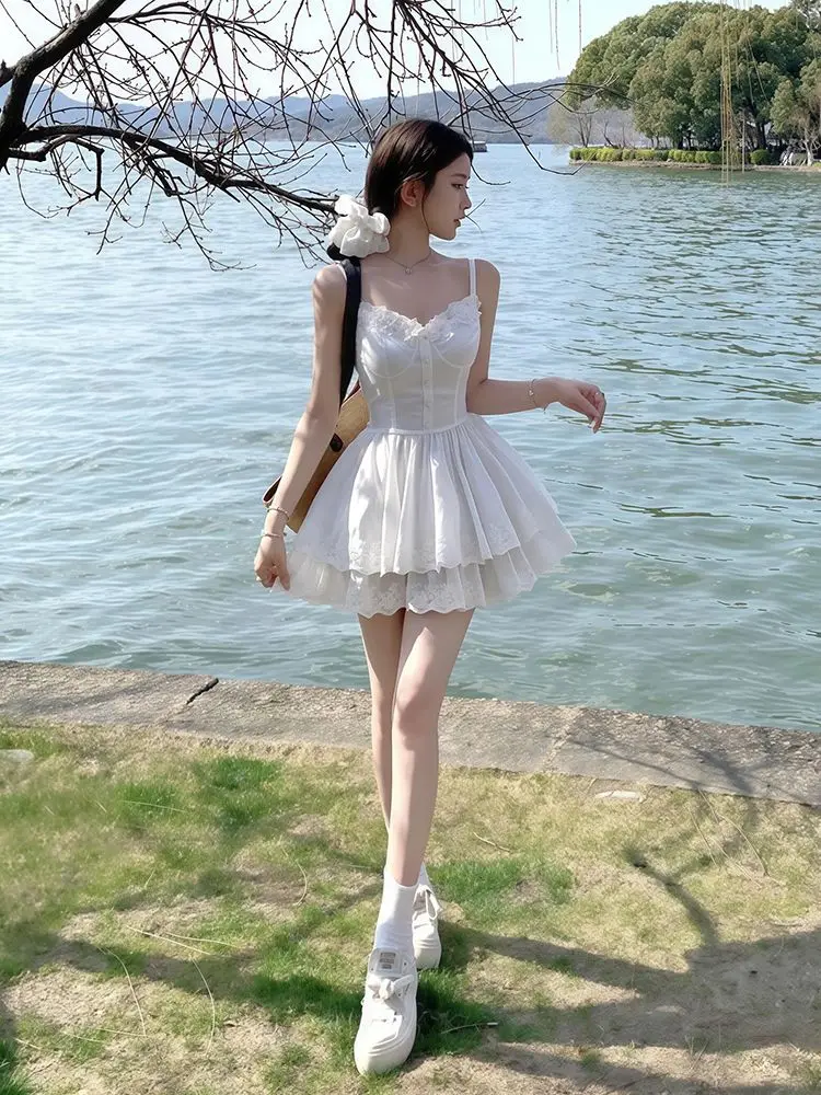 Ele Floral Collar Sunscreen Knitted Outerwear Summer New Arrival Korean Sle White Moonlight Strap Dr Faion Set