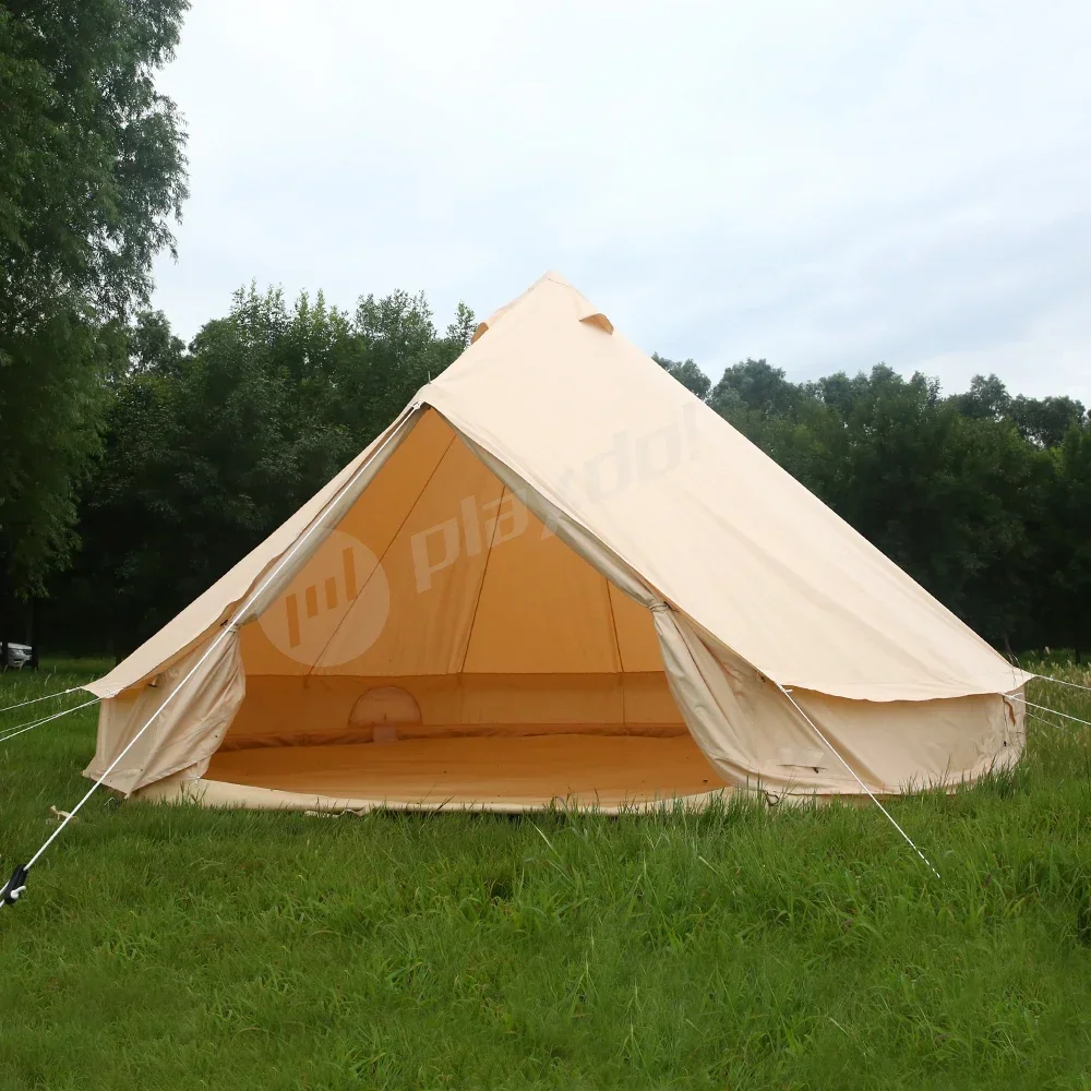 4-Season Waterproof Cotton Canvas Large Family Camp Beige Color Bell Tent Hunting Wall Tent with Roof Stove Jack Hole