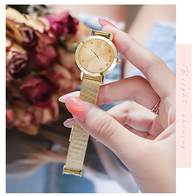 

Женские кварцевые часы с сетчатым ремнем из нержавеющей стали, модные и нежные, тонкие, элегантные, женские наручные часы, повседневная одежда, подарок