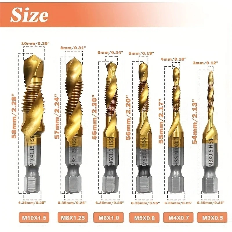 6pcs Titanium Drill Tap Combination Bit Set - Metric Thread M3 M4 M5 M6 M8 M10 Taps Tool for Screw Tapping Countersink Drilling