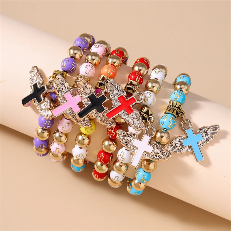 Modisches handgefertigtes Armband mit bunten Perlen für Damen, Kreuzanhänger-Armband, Freundschaftsschmuck, Geschenke für Mädchen – Detail 2