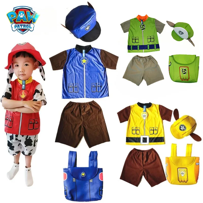 

4pcs/set Paw Patrol Kids Cosplay Costume Cartoon Marshall Chase Rocky Rubble Summer Short Sleeve Top Shorts Halloween Uniform