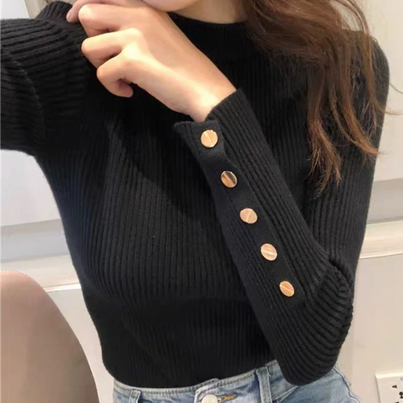 

Женские пуловеры с золотыми пуговицами и длинными рукавами, вязаный свитер в рубчик, джемпер для девочек-подростков, осенне-зимний базовый повседневный наряд