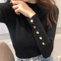 Women Pullovers Gold Button Long Sleeves Mock Neck Ribbed Knit Sweater Fitted Jumper Teen-girl Fall Winter Basic Daily Outfit