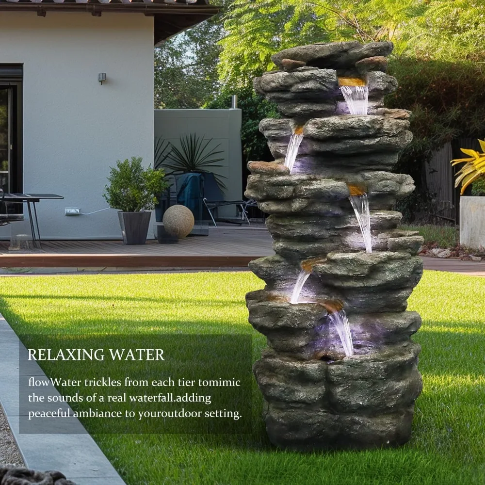 

US Shipping 40 High 6-Tier Cascading Rock Outdoor Water Fountain with LED Lights for Garden Patio Yard