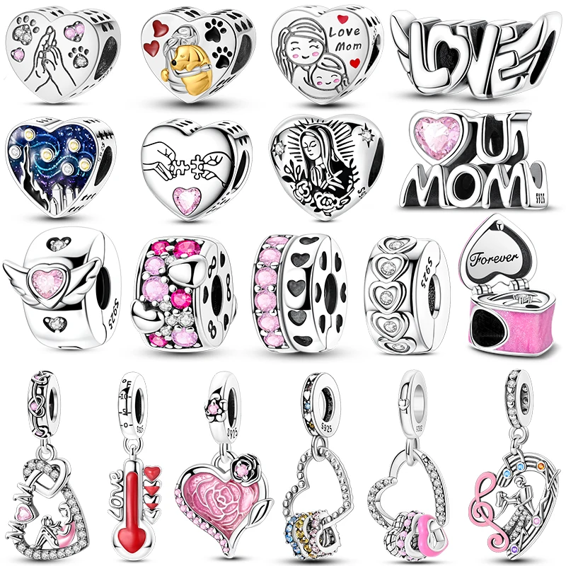 

Heart Series Fit Original DIY Bangle 925 Sterling Silver Zircon Colorful Beads Love Heart Pendants Bangle Jewelry Birthday Gifts