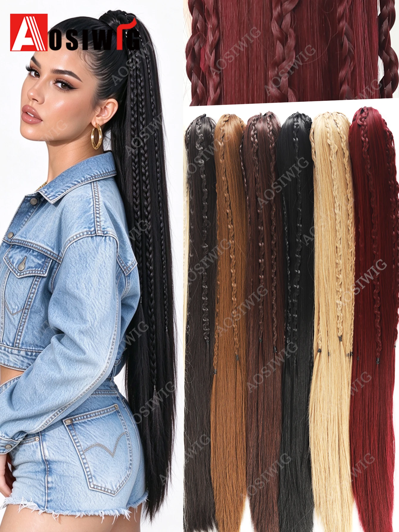 Claw Clip Ponytail Extension 32 Inch Brown Black Gradient Straight Synthetic Hair With Braided Design For Women Daily Halloween