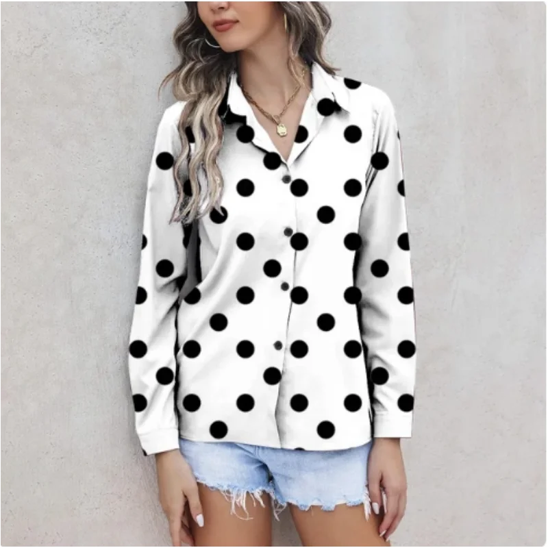 New women's long sleeved shirt top paired with elegant polka dot pattern personalized street commuting style casual womens shirt