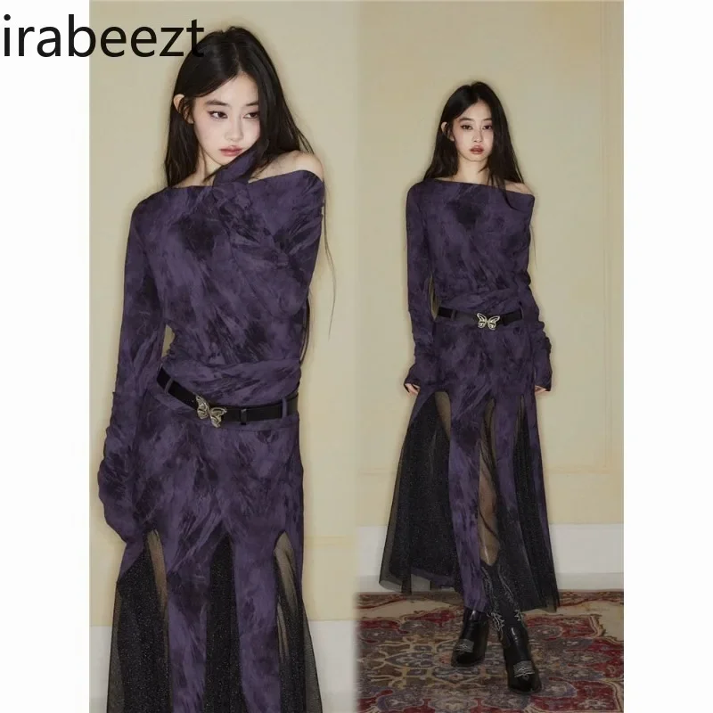 Ladies Dresses Design Sense Purple Skew Collar Long Sleeve Waist Retraction Gauze Spliced Sexy Slim Fitting Skirt Women Clothing