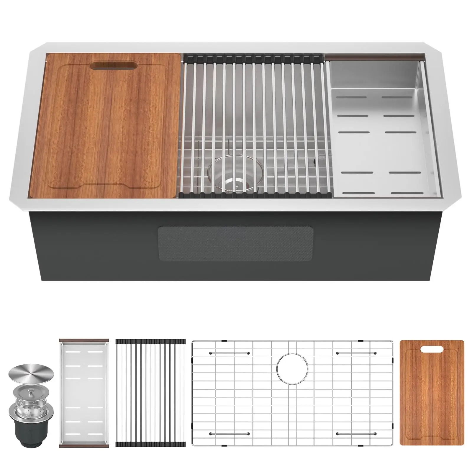 

32 Inch Undermount Stainless Steel Kitchen Sink With Ledge Workstation, 16 Gauge, 10 Inch Deep, Includes Cutting Board, Grid,