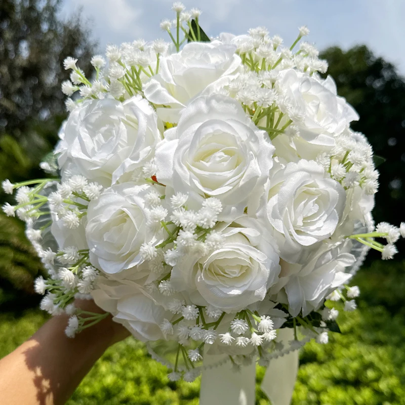 1PC Wedding Bouquets for Bride Babysbreath White Rose Bouquet Ball Valentine's Day Gift Pearl Lace Mesh Rose Tossing Bouquet