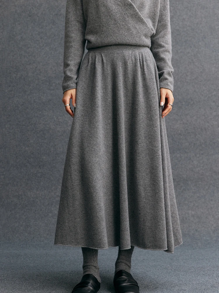 TLOML 여성 100% 캐시미어 스웨터 슈트 브이넥 가디건 롱 스커트 와이드 레그 팬츠 가을 겨울 부드럽고 따뜻한 캐시미어 니트웨어 슈트