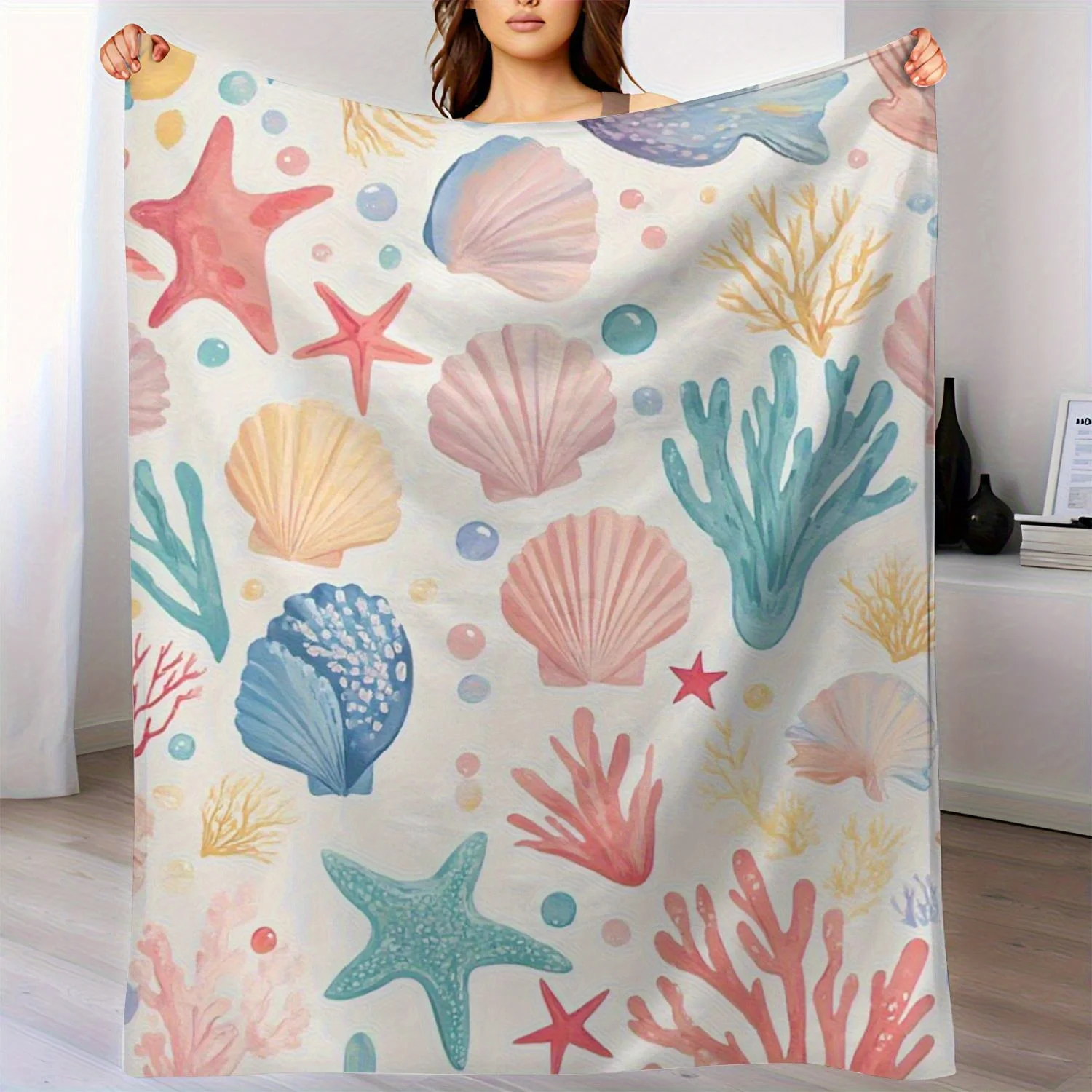 Sea Shell Starfish Coral Fleece Blanket Ocean Theme Design Soft Cozy Throw Beach Decor Gift for Kids and Women150x100