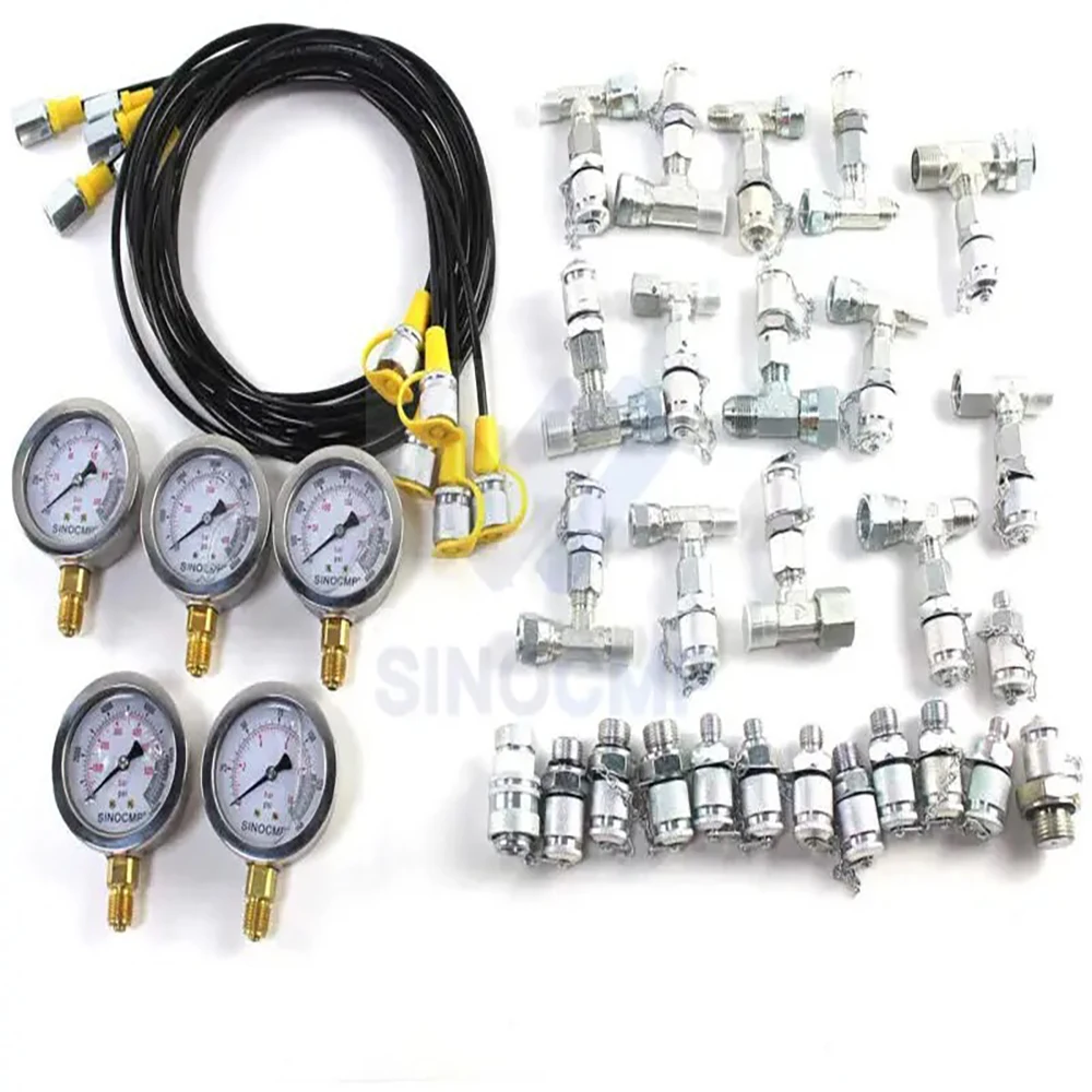 Excavator Hydraulic Pressure Test Kit with 5 Gauges 13 Couplings and 14 Tee Connectors Pressure Gauge For CAT CASE John Deere