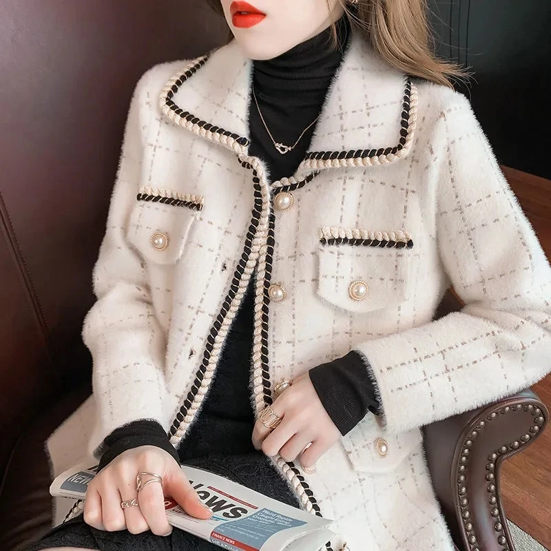 

Women Short Jacket Spring Autumn New Korean Loose Knitted Cardigan Coat Ladies Imitation Mink Velvet Temperament Outwear Tops