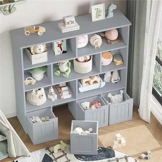 Toy Storage Organizer, 4 Movable Chests, 7 Cubes, Grey