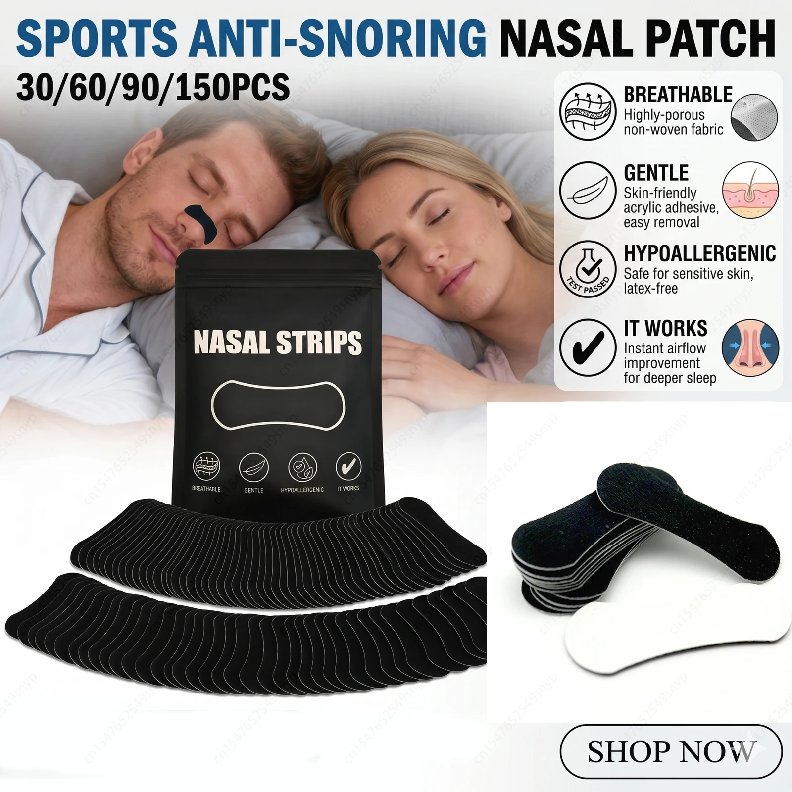 30/60/90/150Pieces Anti Snoring Nose Patch Set Extra Strength Nasal Strips Better Breathing Non-Invasive Easier Breath Sleep Aid