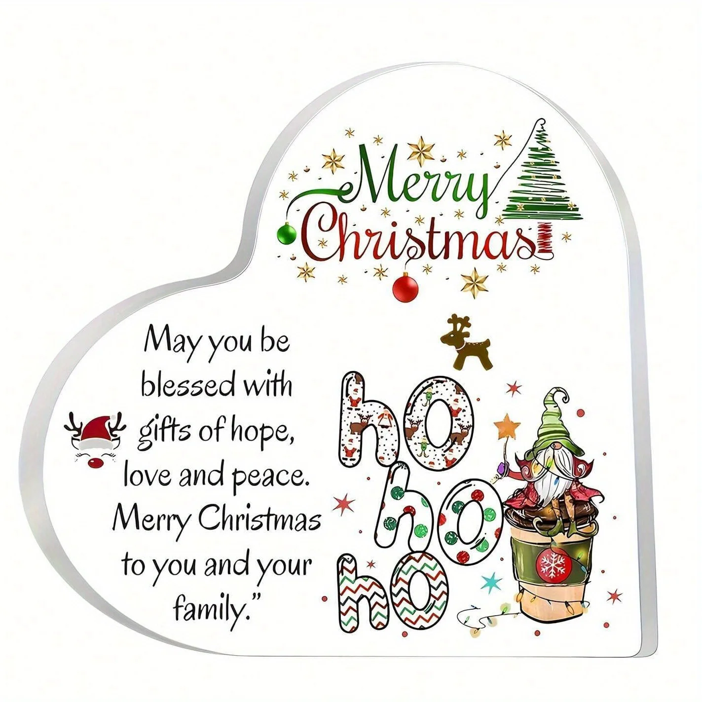 Merry Christmas Heart‑Shaped Acrylic Plaque, Gnome Coffee Cup Blessing Table Decor,Family Xmas Blessing Heart Acrylic Keepsake Plaque, Hope Love Peace Tabletop Decoration