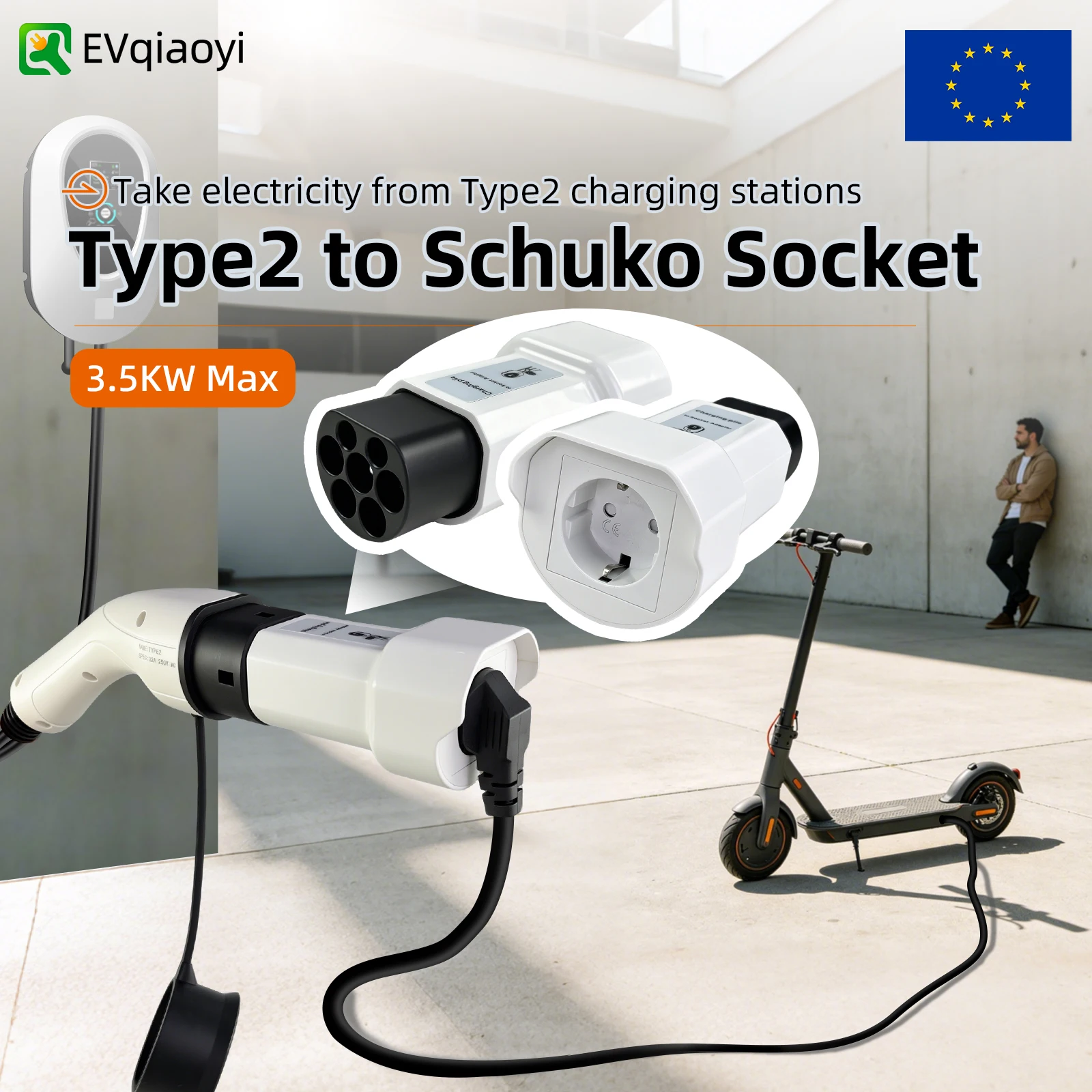 

EVqiaoyi Type 2 to Schuko Socket Adapter Type2 Male Connector for EV Charging Stations for Charging Electric Scooters & Devices