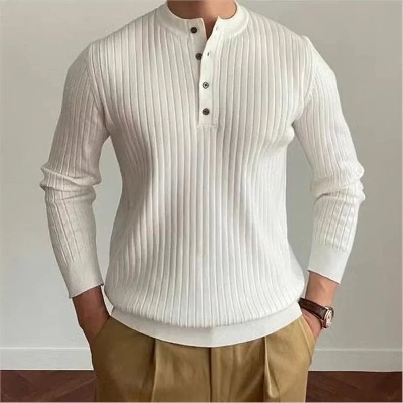 

Men's Long Sve Knitted T-irt Henry Collar Casual Base Layer Striped Busin Sle Spring Autumn Seasonal Wear