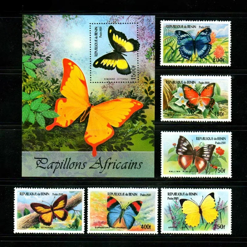 6 PCS+1, Benin, 2001, Butterfly Stamps, Real Original Post Stamp, MNH