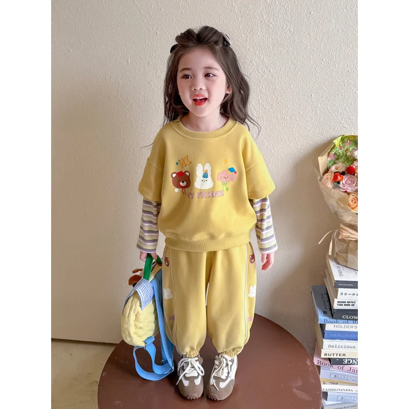

Girls' Fake Two-Piece Sweatshirt Set for Spring and Autumn2025New style casual sports two-piece set for baby girls