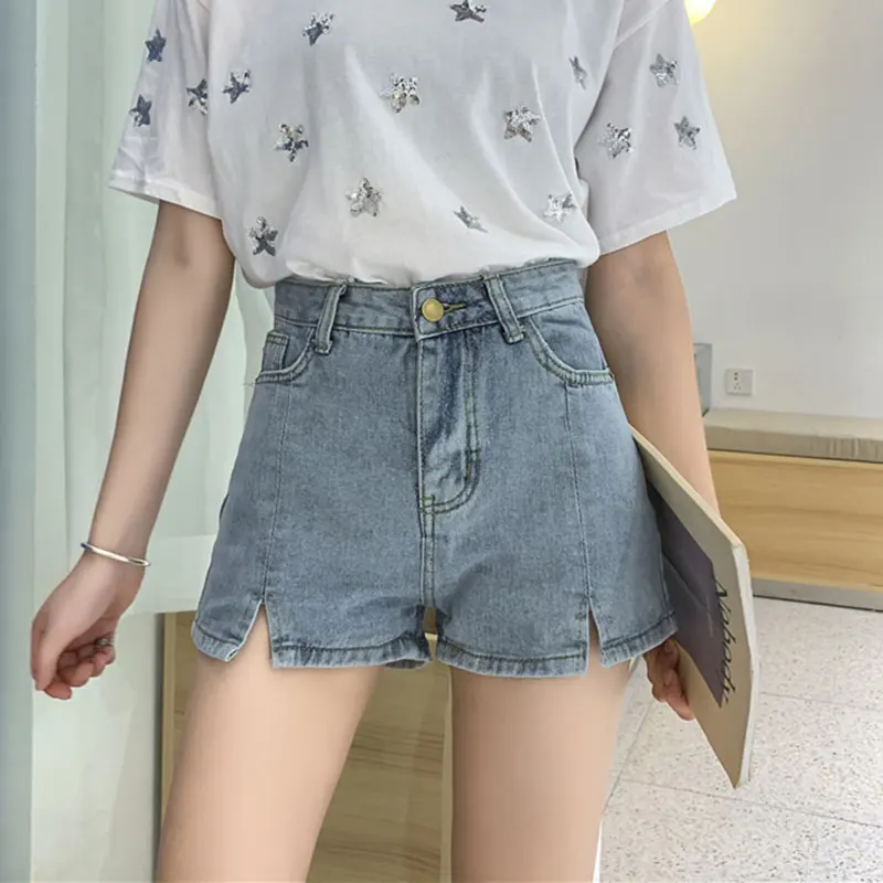 

Summer High Waist Loose A-Line Denim orts for Fem Students Wide Leg Hot Pants Korean Sle plus Size with Slits