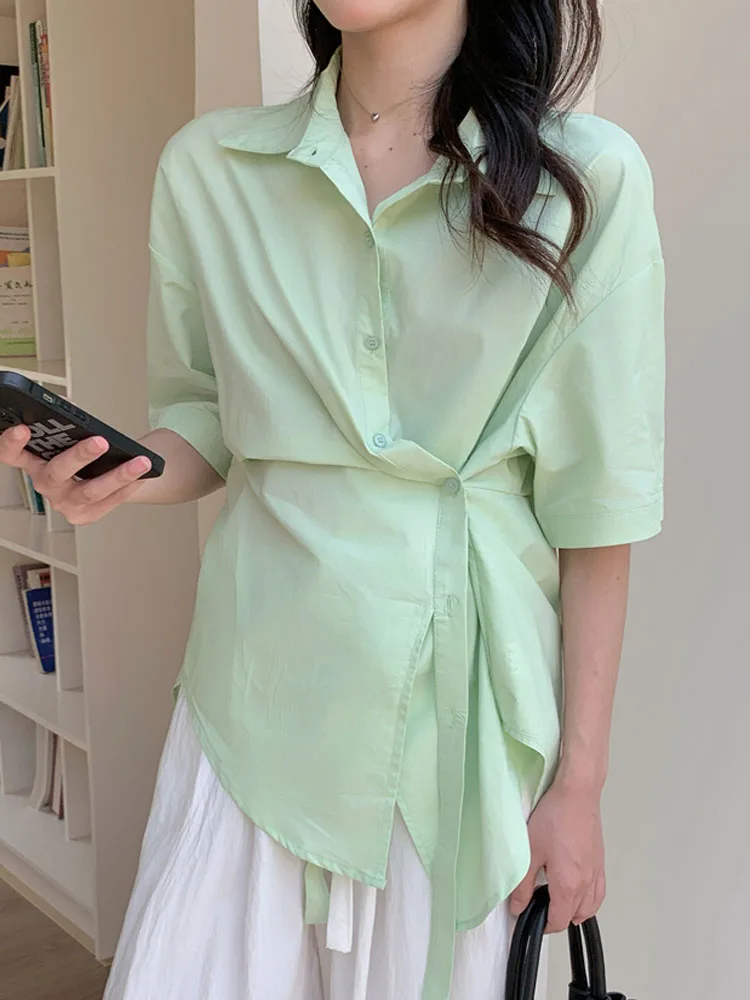 เสื้อผู้หญิง Blusas Mujer De Moda 2025 เกาหลี Chic แฟชั่นเปิดลงปกสํานักงาน OL เสื้อแขนสั้นเสื้อหลวมๆสบายๆ