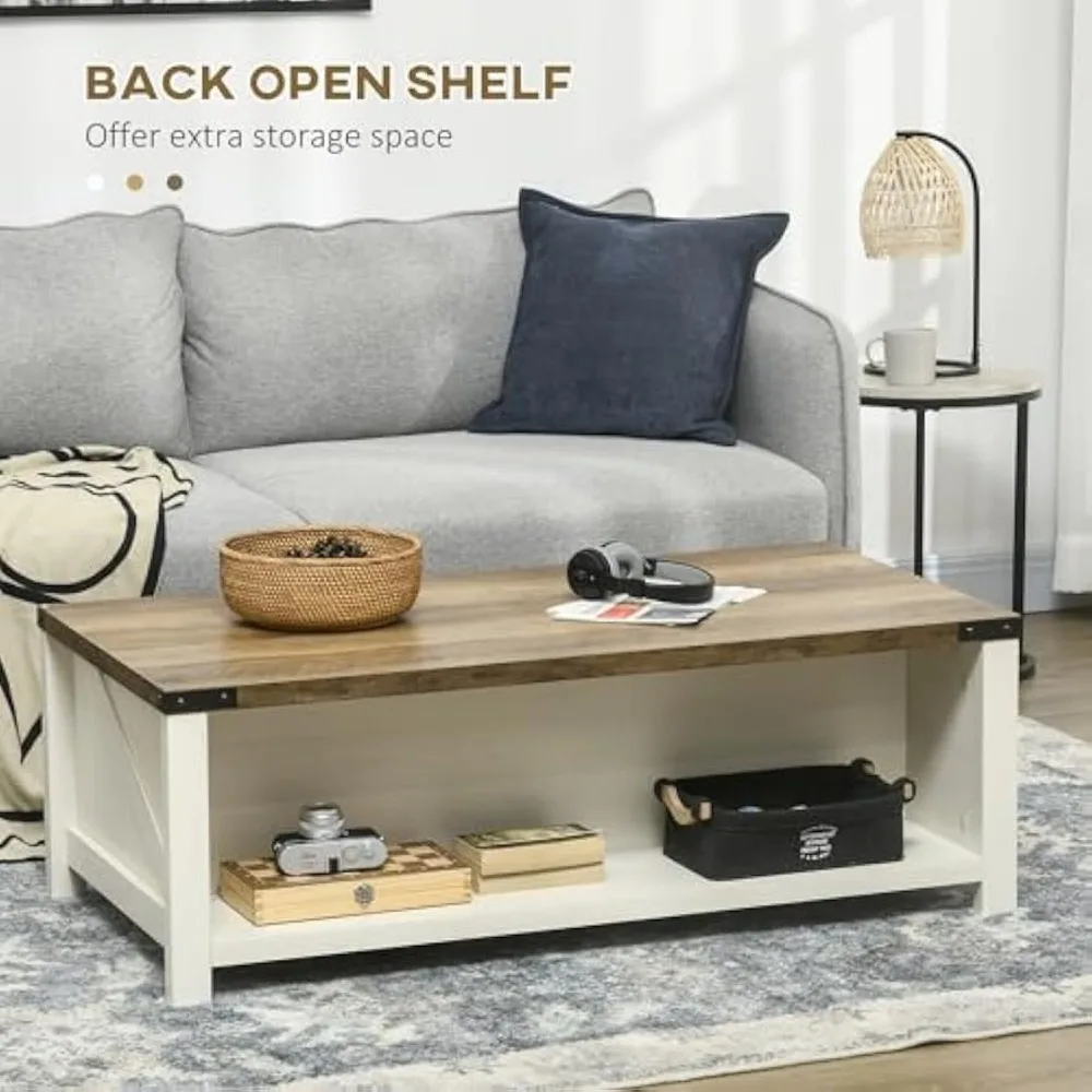 Rustic Farmhouse Style Coffee Table with Storage Drawer and Open Shelf, White for Living Room