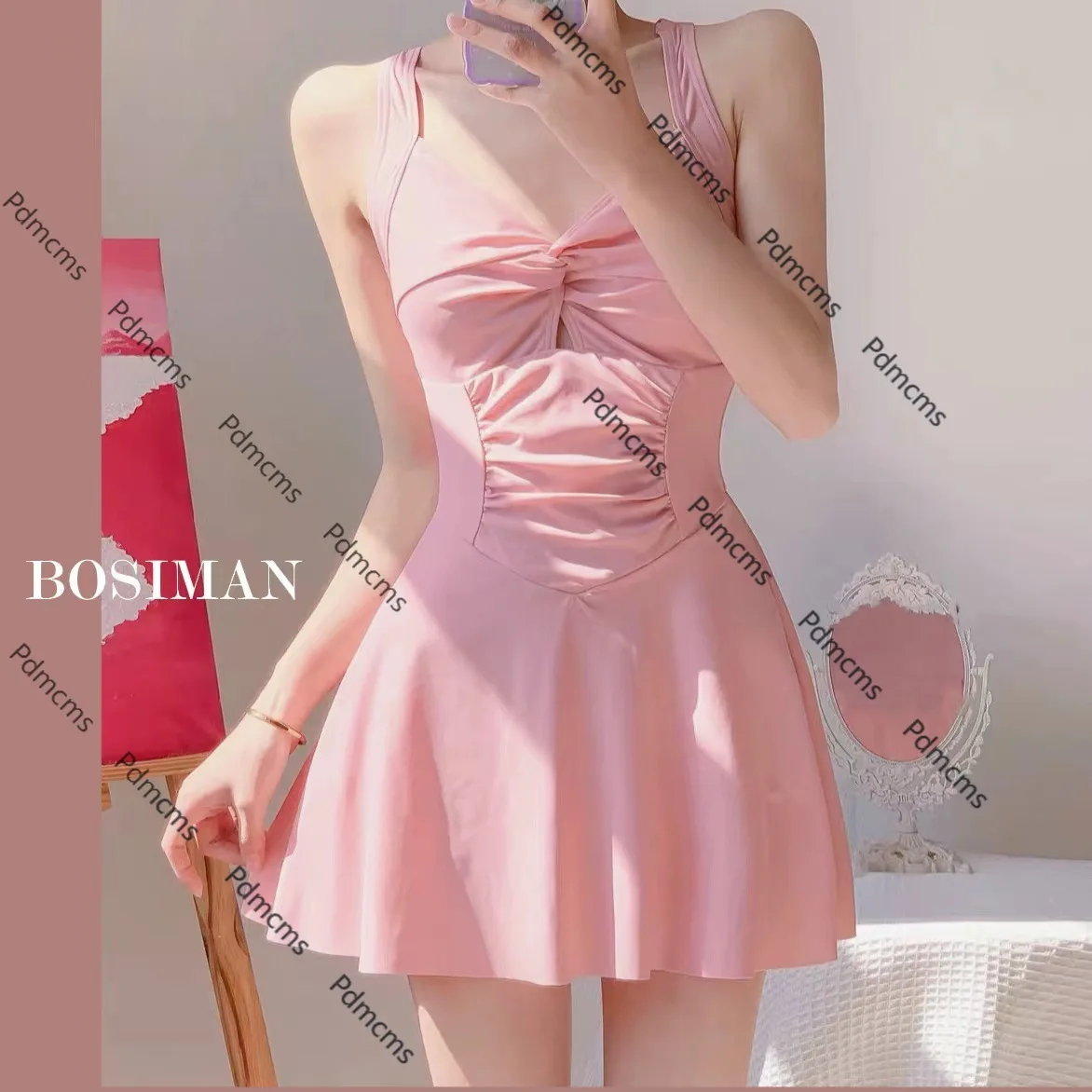 

2025 новый женский купальник чистого желания с розовой юбкой, который прикрывает живот и выглядеть тонким, консервативным воротником, сексуальный цельный горячий sp