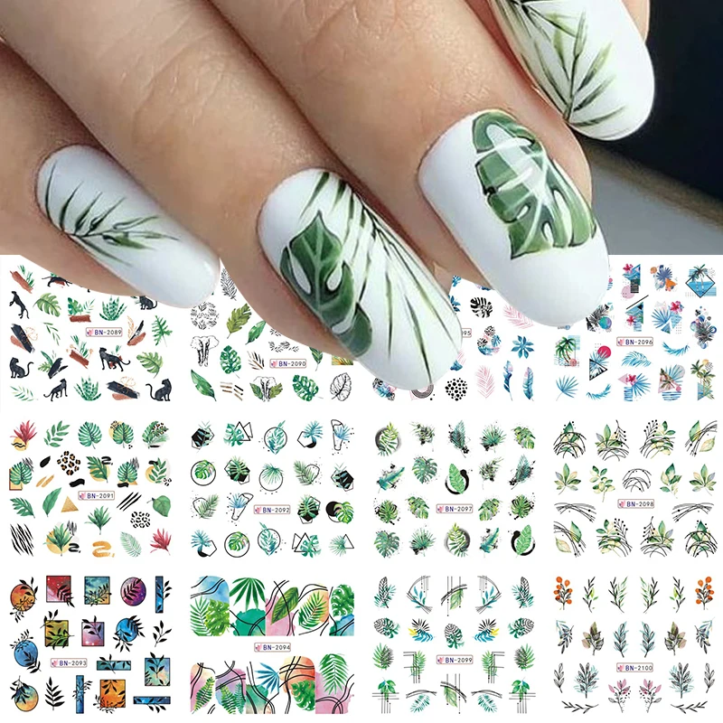 12Pcs/Set Green Leaf Nail Water Decals Floral Fruits Leaves Slider Nail Lines Transfer Foils Spring Summer Nail Stickers