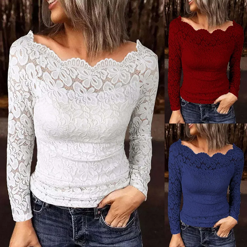 Women's Summer Off Shoulder Lace Trim Long Sleeve Blouse New Arrival Fashion Top Shirt Ropa Mujer