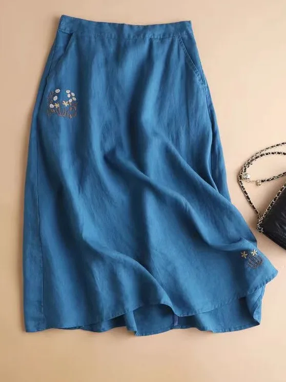 

Юбка-миди с высокой талией, женская летняя юбка больших размеров из тонкого хлопка и льна, юбка трапециевидной формы с художественной цветочной вышивкой