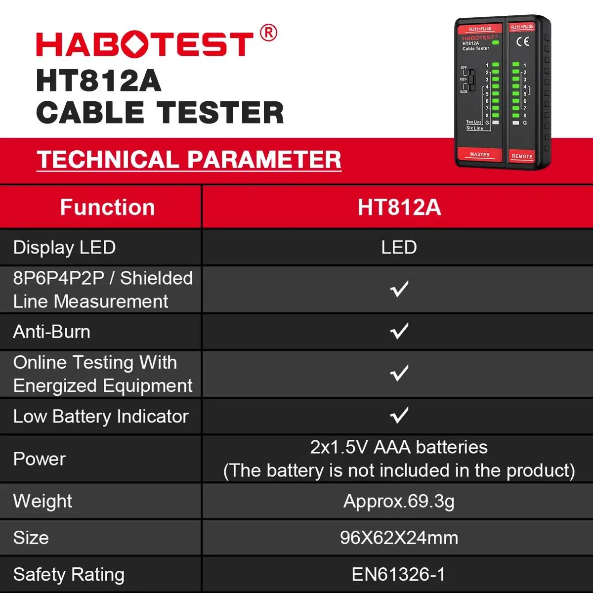 HABOTEST HT812A Kabeltester Netzwerkkabeltester RJ11 RJ45 Dual-Use-Tester LED-Statusanzeige NC/HDMI-Reparatur – Detail 4
