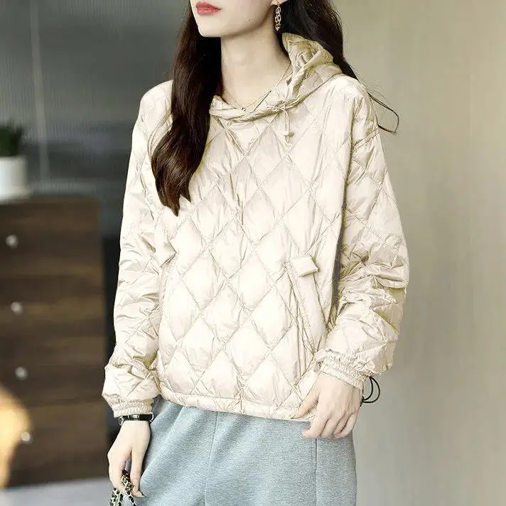 

Fashion Quilted White Duck Down Hoodie Womens Lightweight Puffer Coat Loose Green Jacket Winter