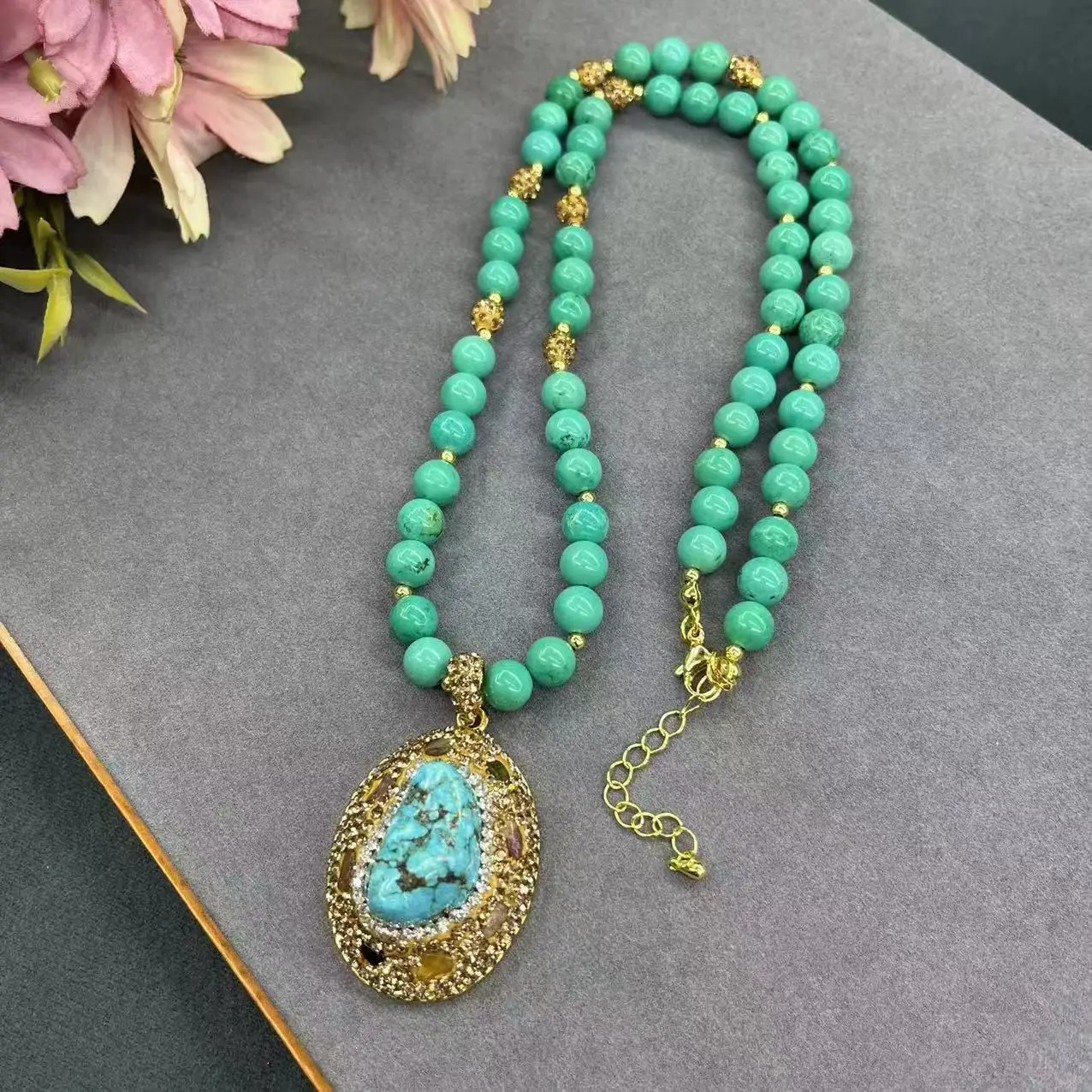 DIY accessories Turquoise sweater chain Internet celebrity with full diamond process color retention electroplating handmade des