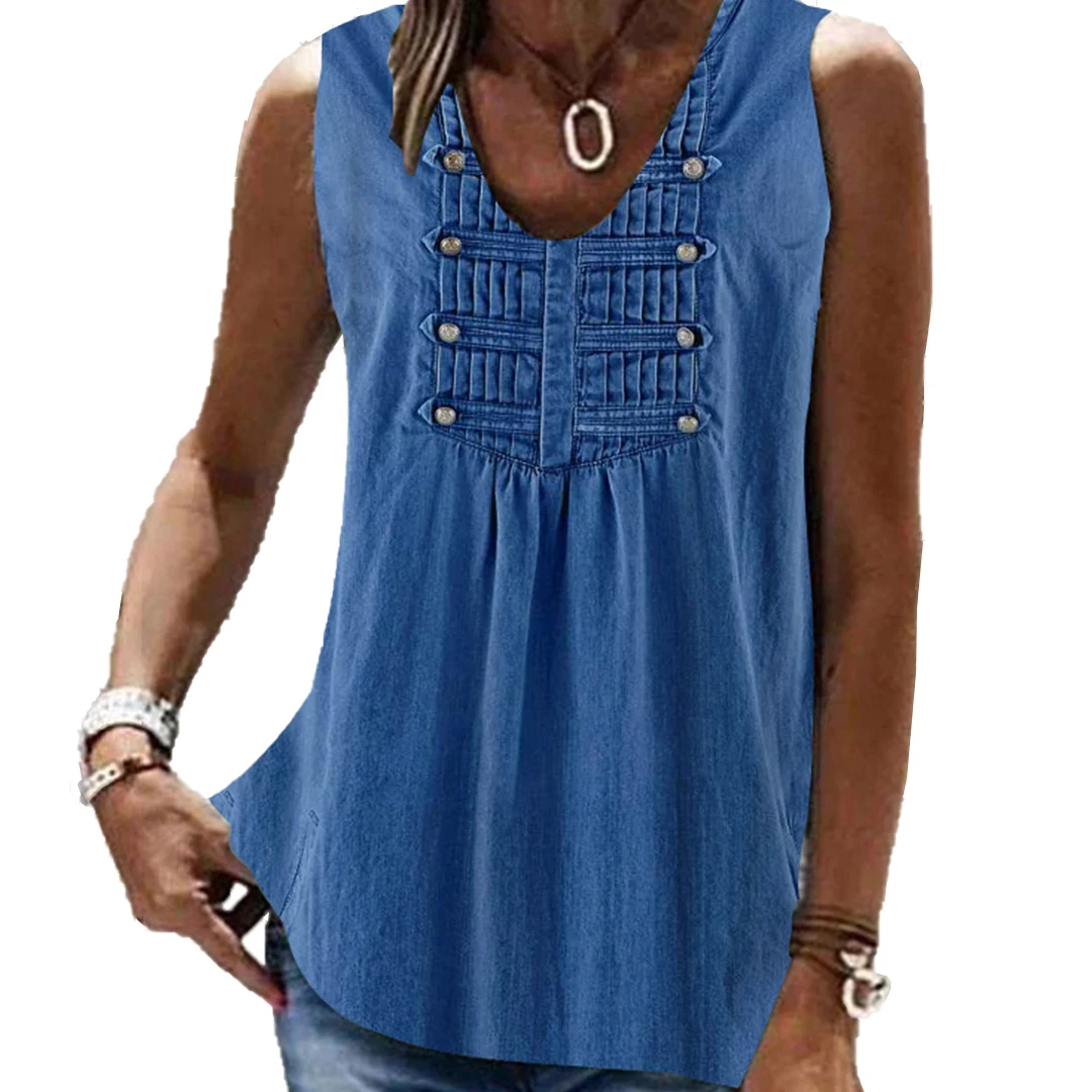 Plus Size Women Sleeveless V-neck Solid Button Top