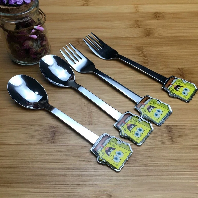 2PCS SpongeBob SquarePants Spoon and Fork Set Cartoon Adult Stainless Steel Cutlery Set Animation Around Spoon Kitchen Supplies